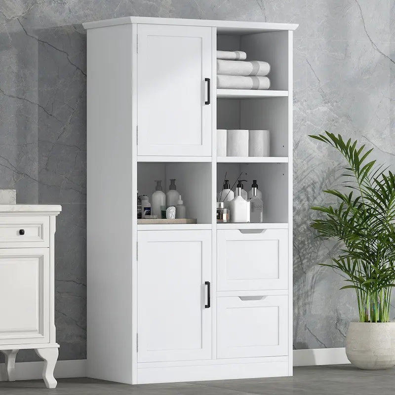 Meuble de salle de bain blanc de 80 cm L x 40 cm P x 157 cm H avec étagères ouvertes et tiroirs
