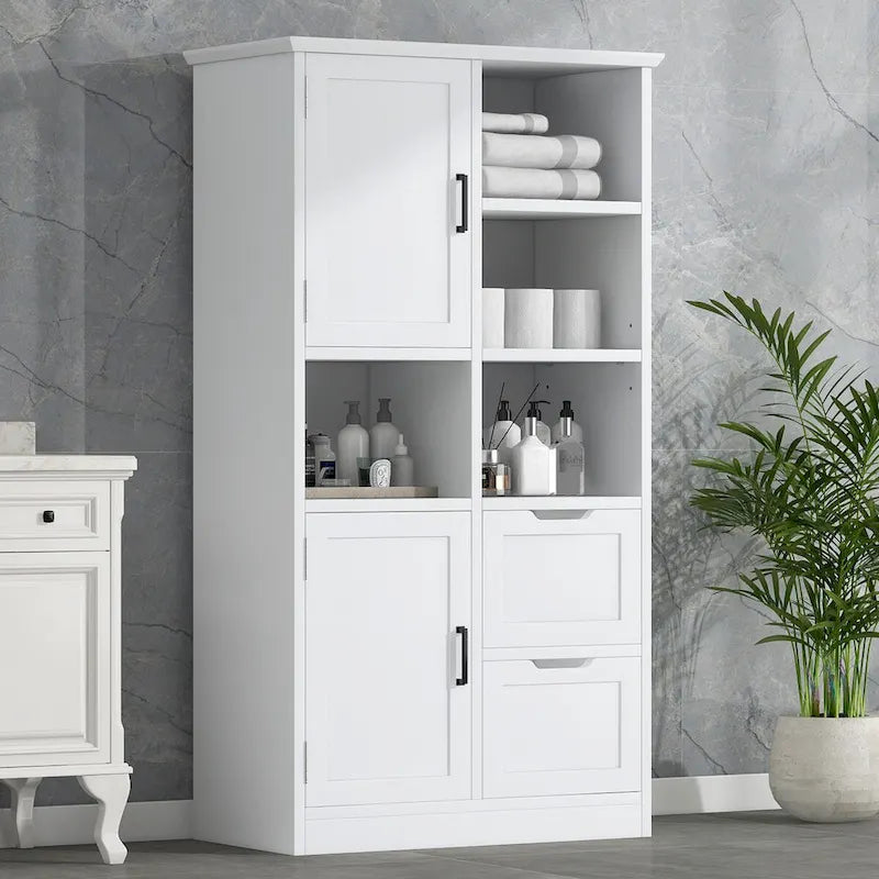 Meuble de salle de bain blanc de 80 cm L x 40 cm P x 157 cm H avec étagères ouvertes et tiroirs