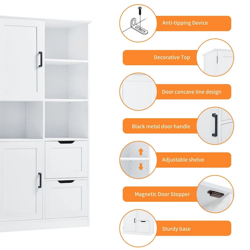 Meuble de salle de bain blanc de 80 cm L x 40 cm P x 157 cm H avec étagères ouvertes et tiroirs