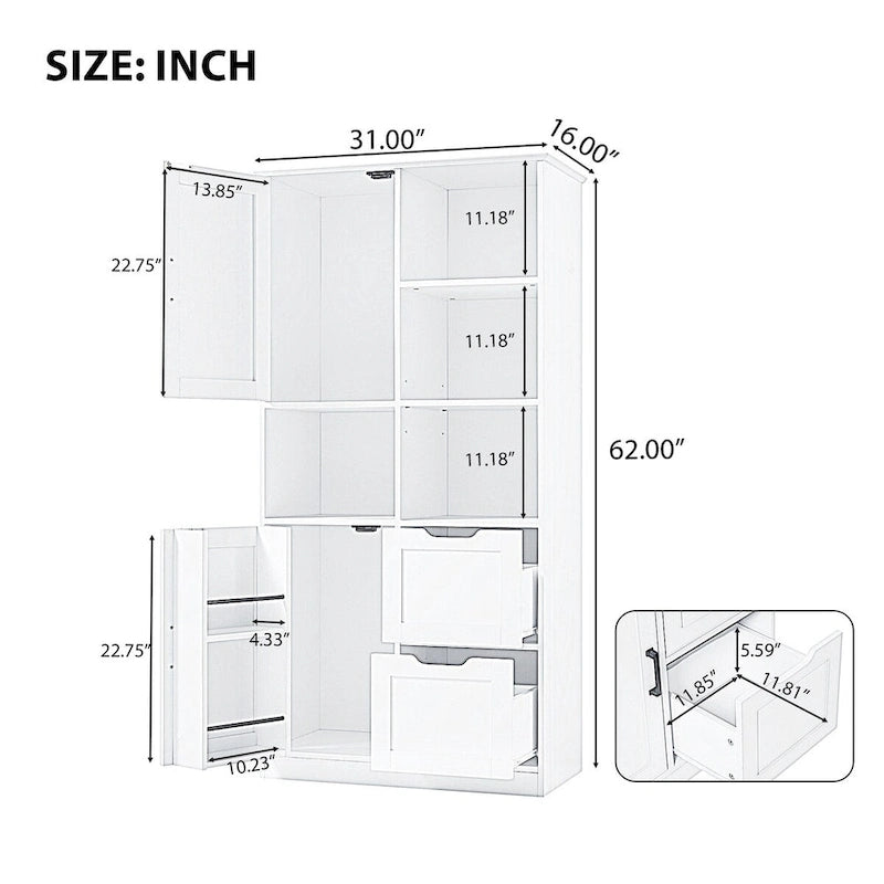 Meuble de salle de bain blanc de 80 cm L x 40 cm P x 157 cm H avec étagères ouvertes et tiroirs